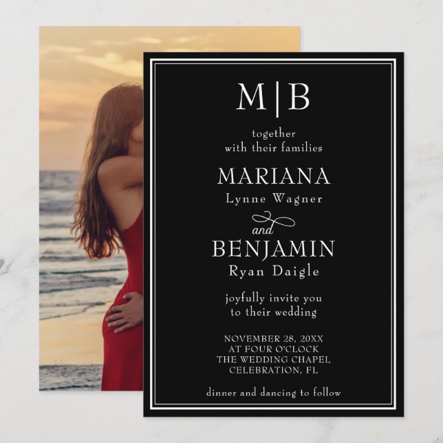 Photo Modern Lined Border Minimalist Black Wedding Invitation (Front/Back)