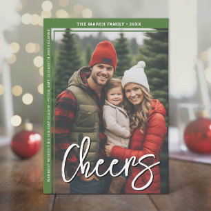 Photo Modern - Minimal Green Border Offset Cheers Holiday Card