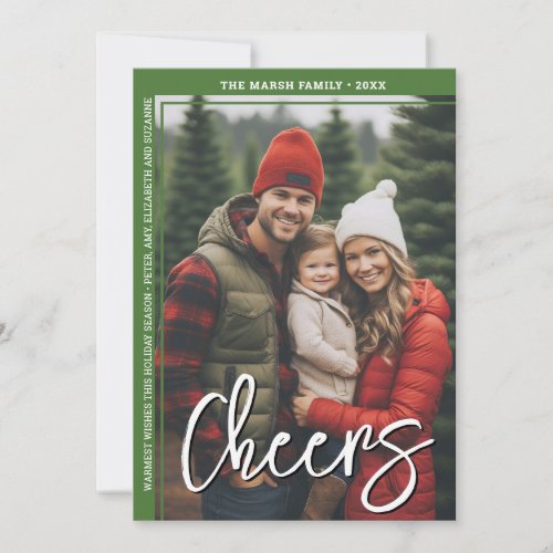 Photo Modern - Minimal Green Border Offset Cheers Holiday Card