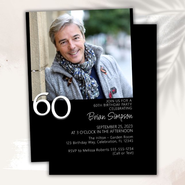 Photo Modern Minimalist Black White 60th Birthday Invitation (Creator Uploaded)