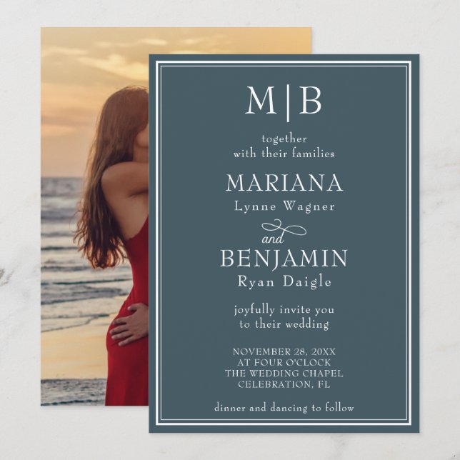 Photo Modern Minimalist Boho Blue Wedding Invitation (Front/Back)