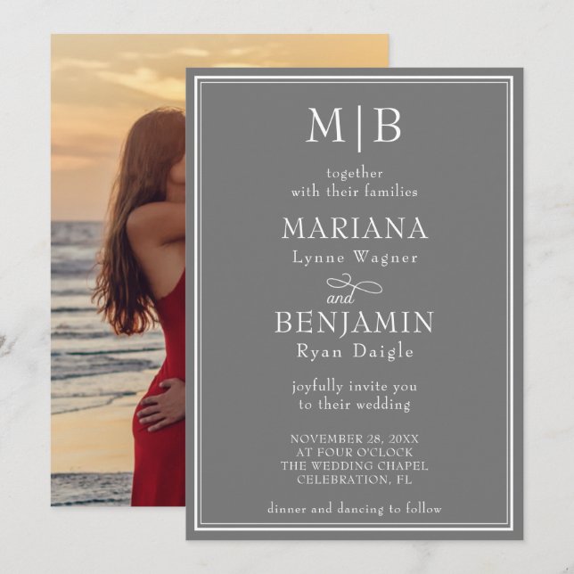 Photo Modern Minimalist Boho Gray Wedding Invitation (Front/Back)