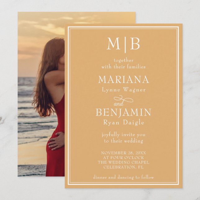 Photo Modern Minimalist Border Boho Yellow Wedding Invitation (Front/Back)