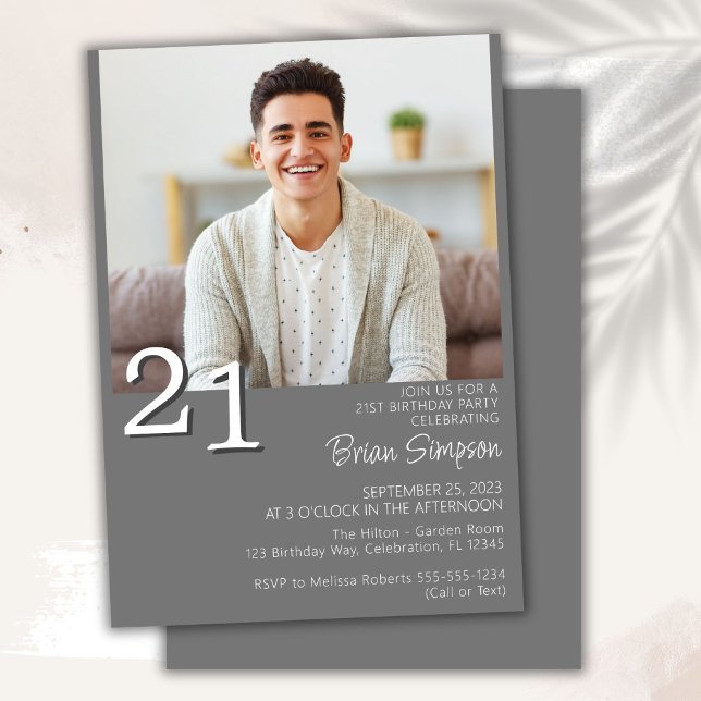 Photo Modern Minimalist Gray 21st Birthday Invitation (Creator Uploaded)
