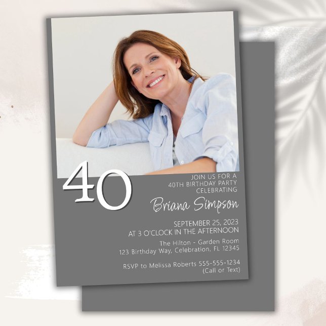 Photo Modern Minimalist Gray 40th Birthday Invitation (Creator Uploaded)