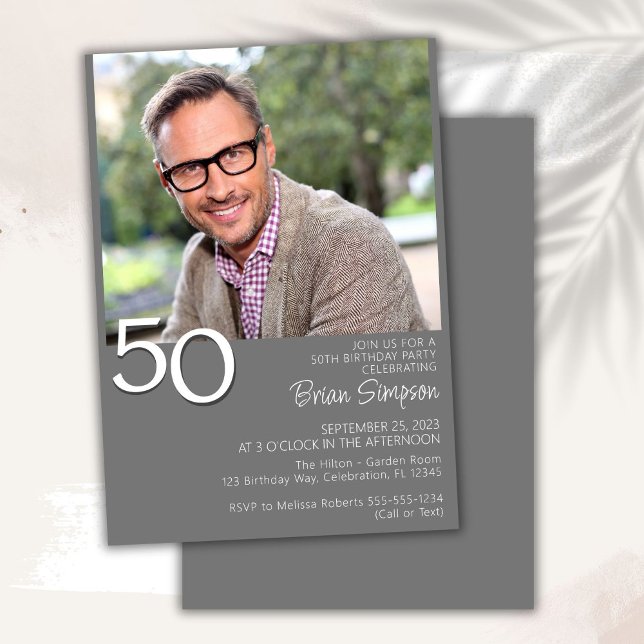 Photo Modern Minimalist Gray 50th Birthday Invitation (Creator Uploaded)