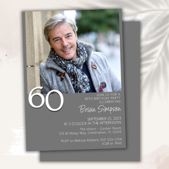 Photo Modern Minimalist Gray 60th Birthday Invitation (Creator Uploaded)