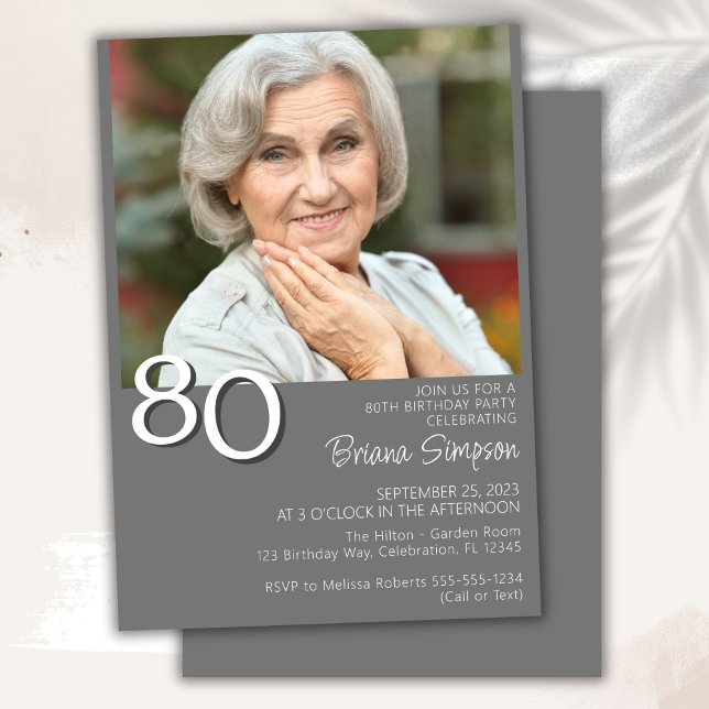 Photo Modern Minimalist Gray 80th Birthday Invitation (Creator Uploaded)