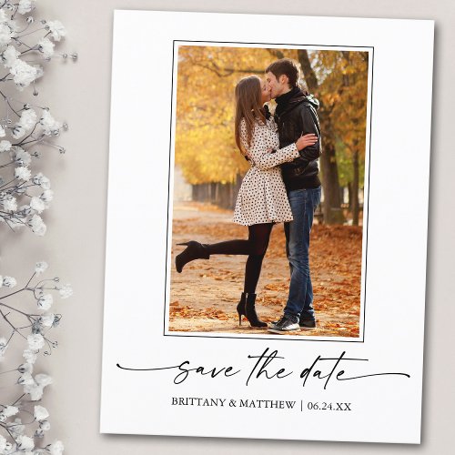 Photo Modern Minimalist Ink Script Save The Date Postcard