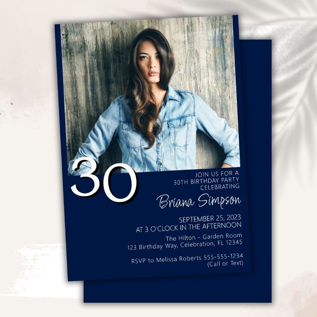 Photo Modern Minimalist Navy Blue 30th Birthday Invitation (Creator Uploaded)