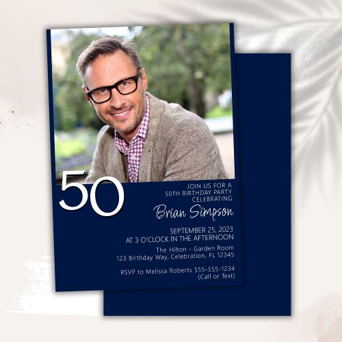 Photo Modern Minimalist Navy Blue 50th Birthday Invitation