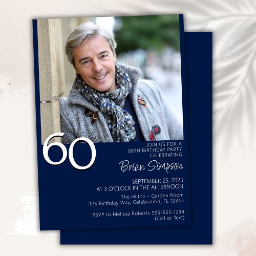 Photo Modern Minimalist Navy Blue 60th Birthday Invitation