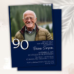Photo Modern Minimalist Navy Blue 90th Birthday Invitation<br><div class="desc">Photo modern minimalist navy bue 90th birthday party invitation for a fun birthday party. Age can be changed. This invitation is simple and elegant,  adult milestone birthday invitation for men and women. The navy blue background color can be changed to any color of your choice using the design tool.</div>