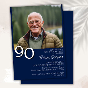 Photo Modern Minimalist Navy Blue 90th Birthday Invitation