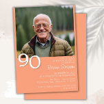 Photo Modern Minimalist Peach 90th Birthday Invitation<br><div class="desc">Photo modern minimalist peach 90th birthday party invitation for a fun birthday party. Age can be changed. This invitation is simple and elegant,  adult milestone birthday invitation for men and women. The peach background color can be changed to any color of your choice using the design tool.</div>
