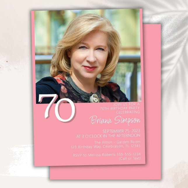 Photo Modern Minimalist Pink 70th Birthday Invitation (Creator Uploaded)
