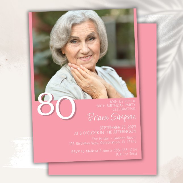 Photo Modern Minimalist Pink 80th Birthday Invitation (Creator Uploaded)