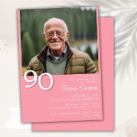 Photo Modern Minimalist Pink 90th Birthday Invitation<br><div class="desc">Photo modern minimalist pink 90th birthday party invitation for a fun birthday party. Age can be changed. This invitation is simple and elegant,  adult milestone birthday invitation for men and women. The pink background color can be changed to any color of your choice using the design tool.</div>