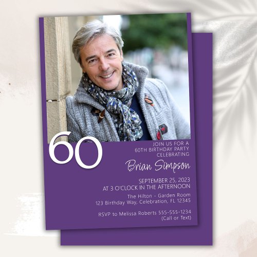 Photo Modern Minimalist Purple 60th Birthday Invitation