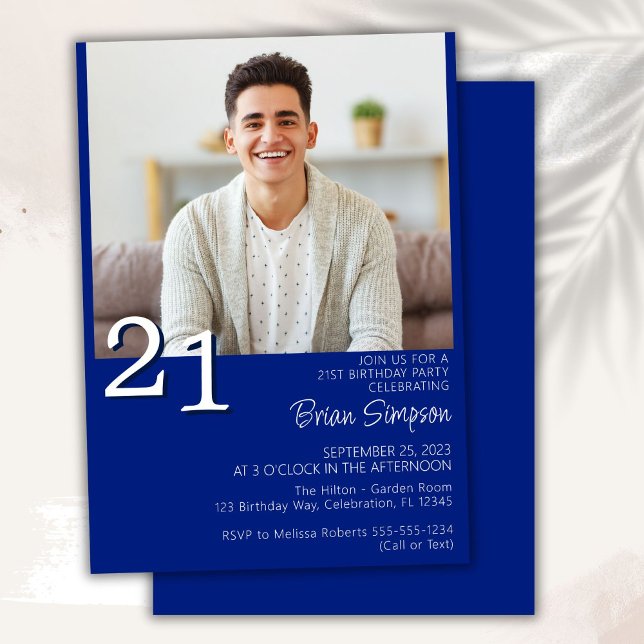 Photo Modern Minimalist Royal Blue 21st Birthday Invitation (Creator Uploaded)