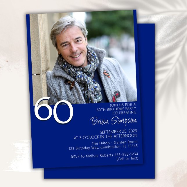 Photo Modern Minimalist Royal Blue 60th Birthday Invitation (Creator Uploaded)