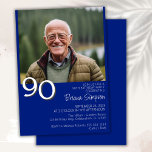 Photo Modern Minimalist Royal Blue 90th Birthday Invitation<br><div class="desc">Photo modern minimalist royal blue 90th birthday party invitation for a fun birthday party. Age can be changed. This invitation is simple and elegant,  adult milestone birthday invitation for men and women. The royal blue background color can be changed to any color of your choice using the design tool.</div>