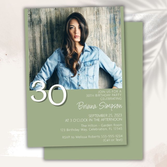 Photo Modern Minimalist Sage Green 30th Birthday Invitation (Creator Uploaded)