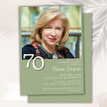 Photo Modern Minimalist Sage Green 70th Birthday Invitation<br><div class="desc">Photo modern minimalist sage green 70th birthday party invitation for a fun birthday party. Age can be changed. This invitation is simple and elegant,  adult milestone birthday invitation for men and women. The sage green background color can be changed to any color of your choice using the design tool.</div>