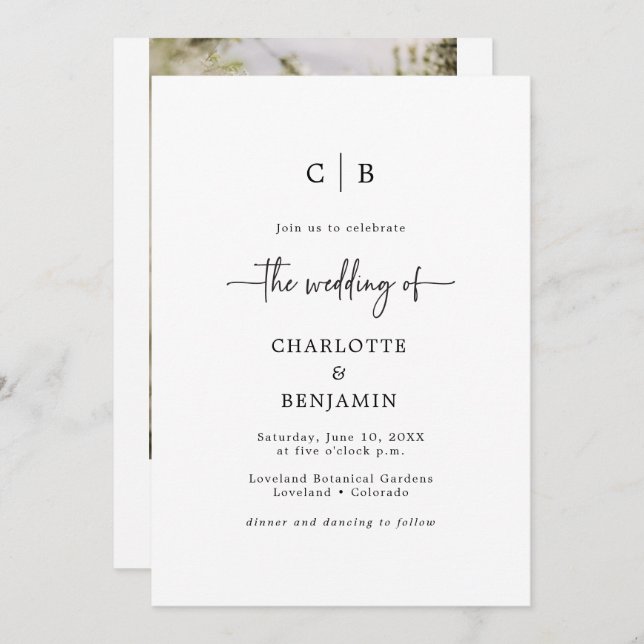 Photo Modern Minimalist Script Wedding Invitation (Front/Back)