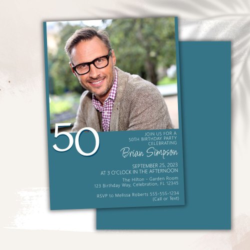 Photo Modern Minimalist Teal 50th Birthday Invitation