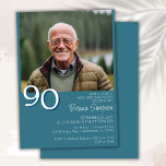 Photo Modern Minimalist Teal 90th Birthday Invitation<br><div class="desc">Photo modern minimalist teal 90th birthday party invitation for a fun birthday party. Age can be changed. This invitation is simple and elegant,  adult milestone birthday invitation for men and women. The teal background color can be changed to any color of your choice using the design tool.</div>