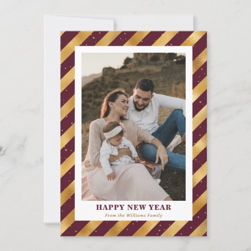 Photo Modern Red Gold Stripes Happy New Year Card