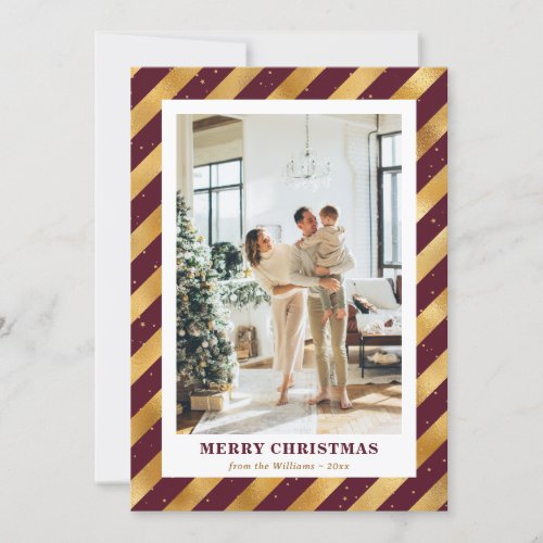 Photo Modern Red Gold Stripes Merry Christmas Card
