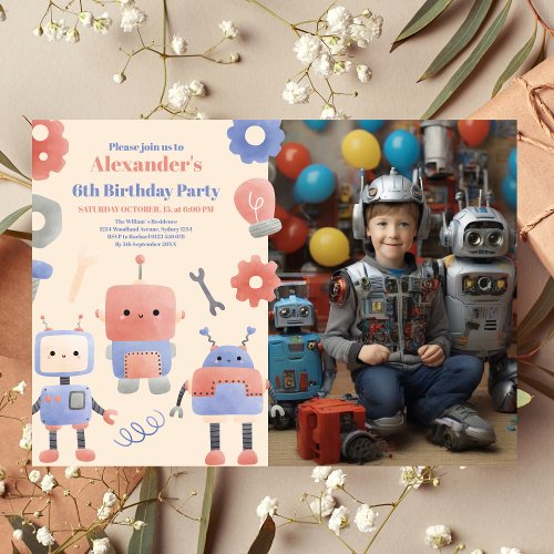 Photo Modern Robot Boys Birthday Party Invitation