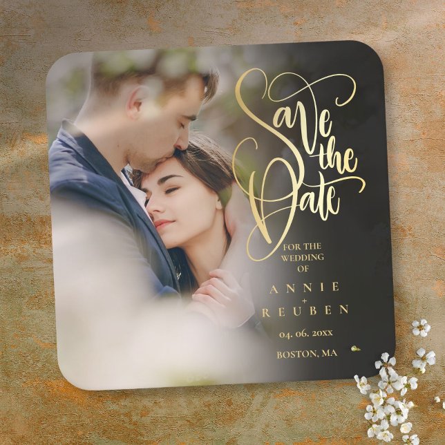 Photo Modern Save the Date Elegant Gold Script Square Paper Coaster (Photo Modern Save the Date Elegant Gold Script Square Paper Coaster)