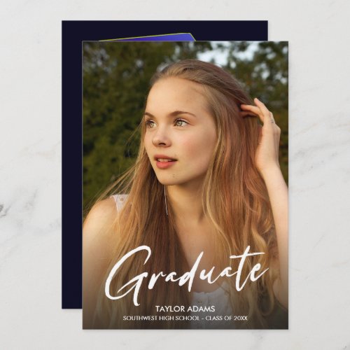 Photo Modern Script Blue Cap Party Graduation  Invitation