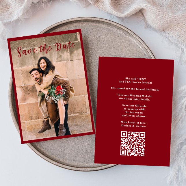 Photo Modern Script Burgundy Save The Date  Invitation (Creator Uploaded)