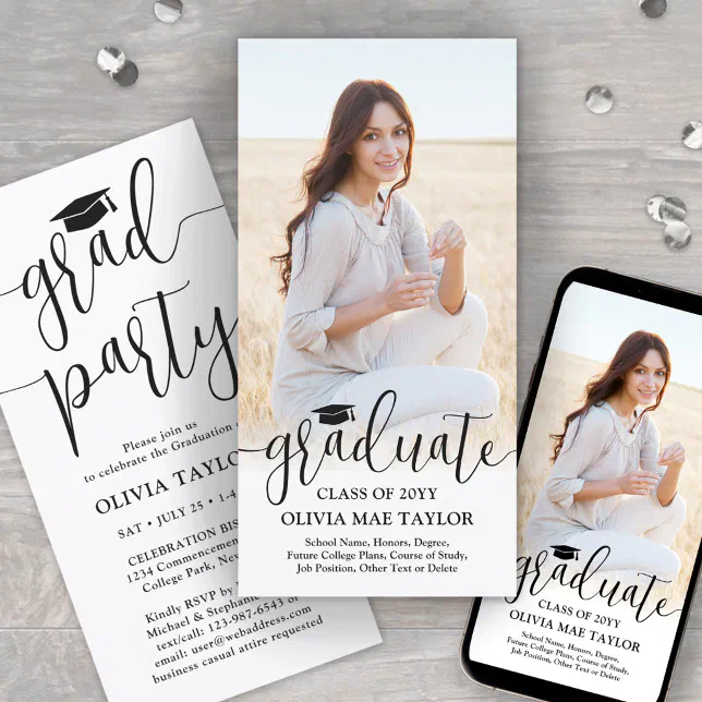 Grad Party Invite Script Photo & Modern Script Graduation Party Invitation | Zazzle