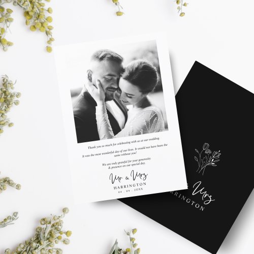 Photo Modern Typography MR  MRS  Wedding Bouquet Thank You Card