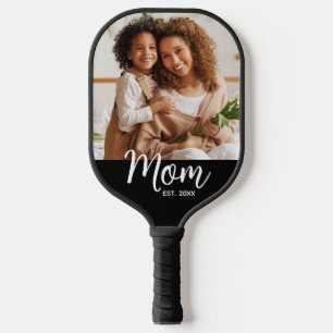 Photo Mom Established Date Fun Script on Black Pickleball Paddle