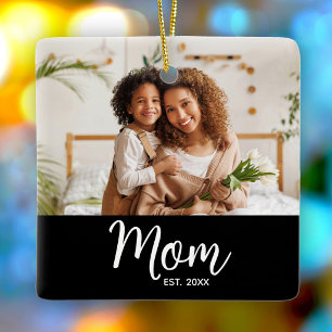Photo Mom Established Date White Script on Black Ceramic Ornament