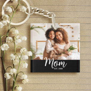 Photo Mom Established Date White Script on Black Keychain