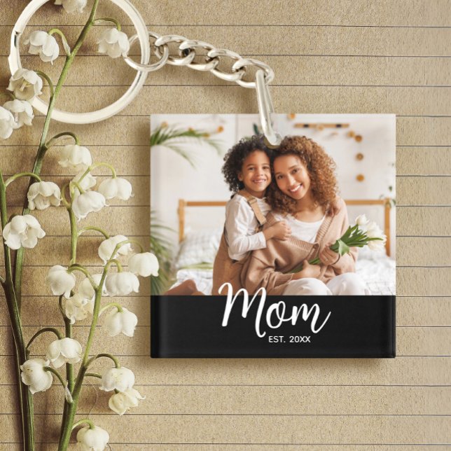 Photo Mom Established Date White Script on Black Keychain (Creator Uploaded)