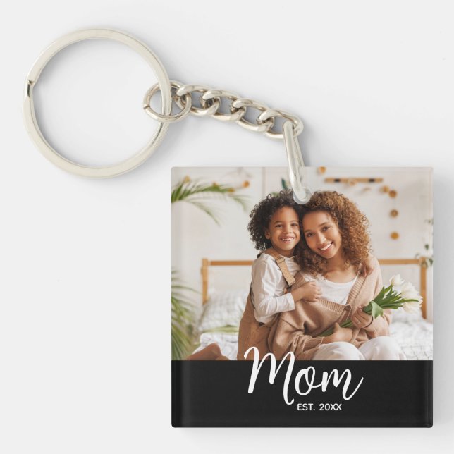 Photo Mom Established Date White Script on Black Keychain (Front)