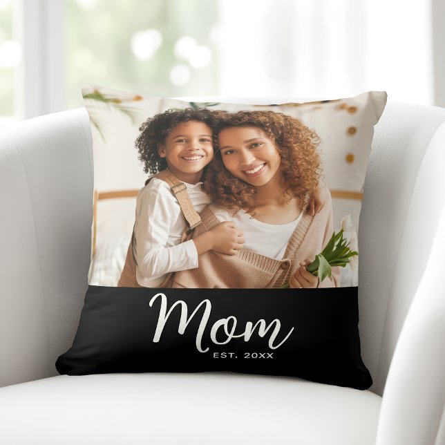 Photo Mom Established Date White Script on Black Throw Pillow (Creator Uploaded)