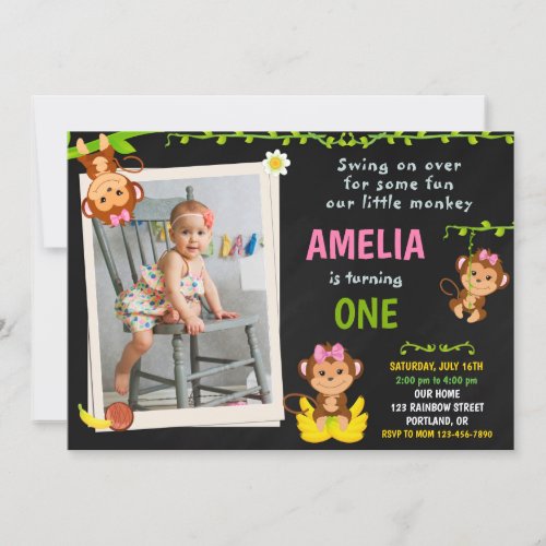 Photo Monkey birthday invitation Girl 1st birthday