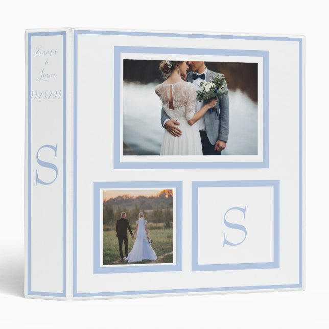 Photo Monogram Blue Names Wedding Keepsake 3 Ring Binder (Front/Spine)