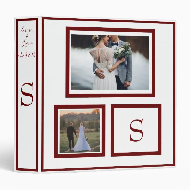 Photo Monogram Burgundy Names Wedding Keepsake 3 Ring Binder (Front/Spine)