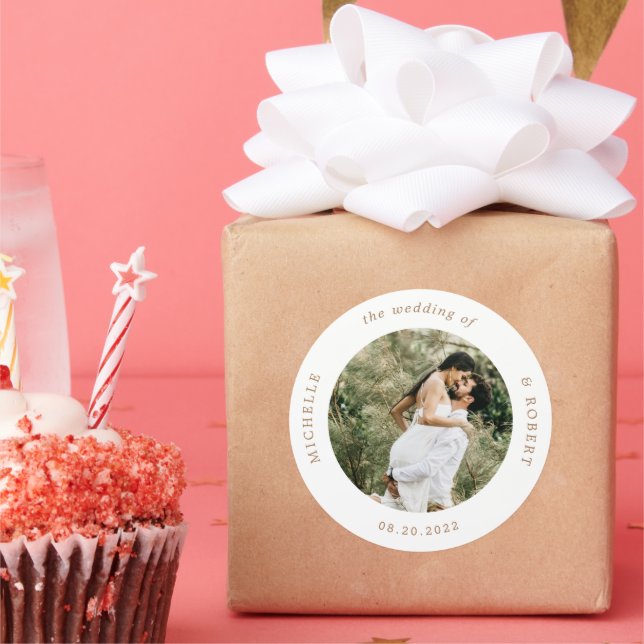 photo monogram elegant wedding classic round stick sticker (Party)