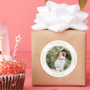 photo monogram elegant wedding classic round sticker